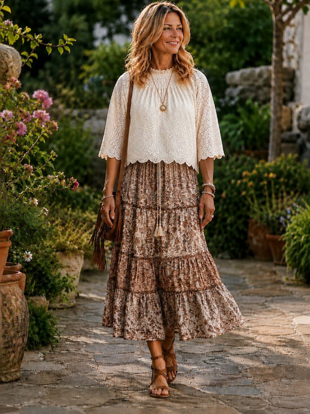 JENNIFER & GRACE 3/4 Slve High Neck Back Button-Up Cream Eyelet Design Blouse XL